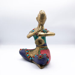 Exquisite Musician Lady Shehnai Idol Handcrafted Brass Statue with Gemstones, Multicolour