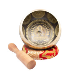 Authentic Himalayan Handcrafted Buddha Singing Bowl Single Set with Traditional Wooden Striker & Silk Cushion, Gold