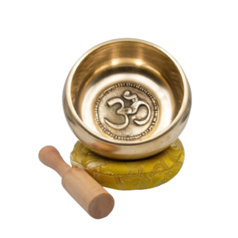 Authentic Himalayan Shinning OM Singing Bowl Single Set with Traditional Wooden Striker & Silk Cushion, Large, Gold