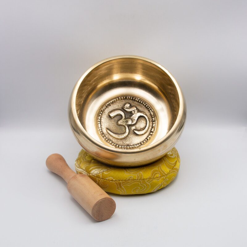 Authentic Himalayan Shinning OM Singing Bowl Single Set with Traditional Wooden Striker & Silk Cushion, Large, Gold