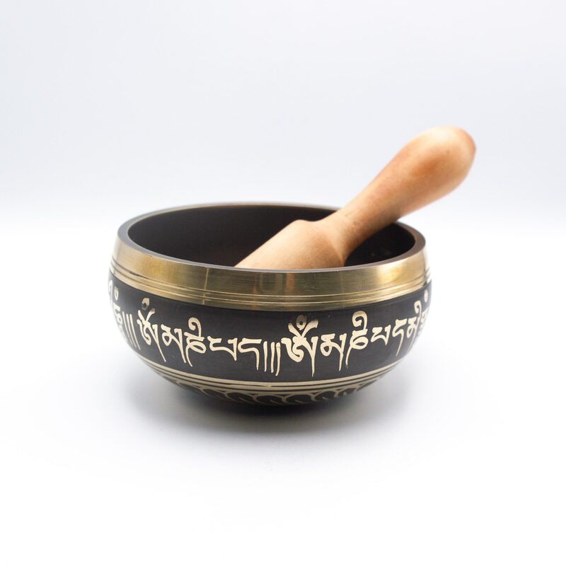 Authentic Himalayan Handcrafted Pattern Singing Bowl Single Set with Traditional Wooden Striker, Black/Gold