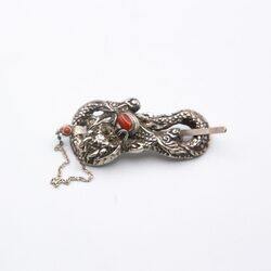 Exquisite 925 Sterling Silver Vintage Chinese Carved Dragon with Coral Belt Buckle, Silver