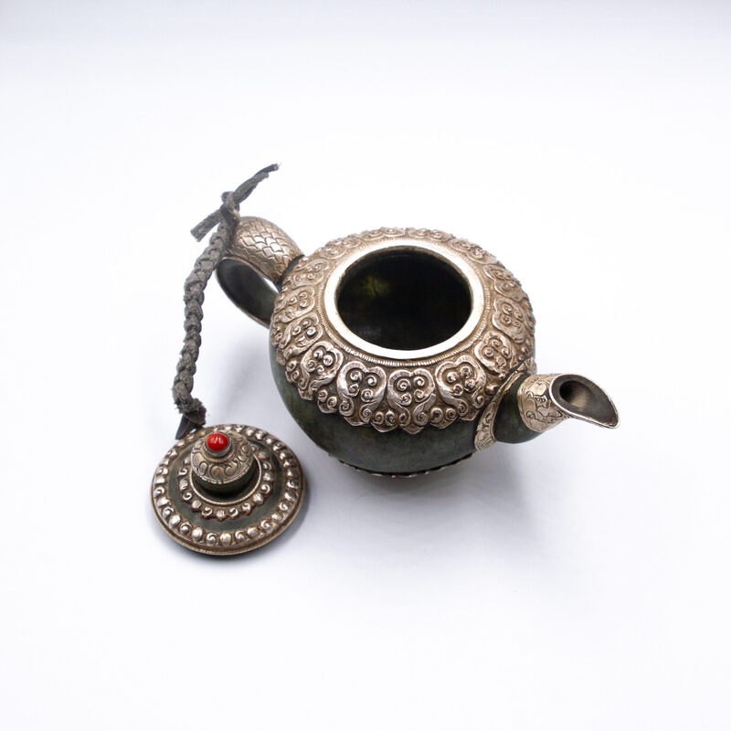 Masterpiece Handmade Silver Jade Stone Ancient Tea Pot Kettle, Multicolour