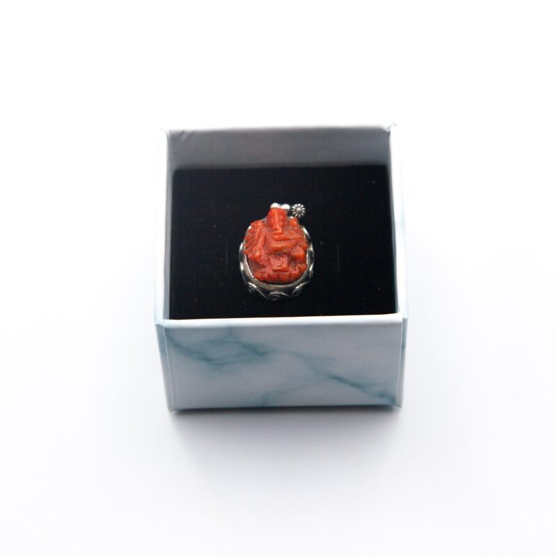 Style 1 925 Sterling Silver Carved Ganesha of Natural Coral Crystal Pendant Unisex, 4.2gm, Orange