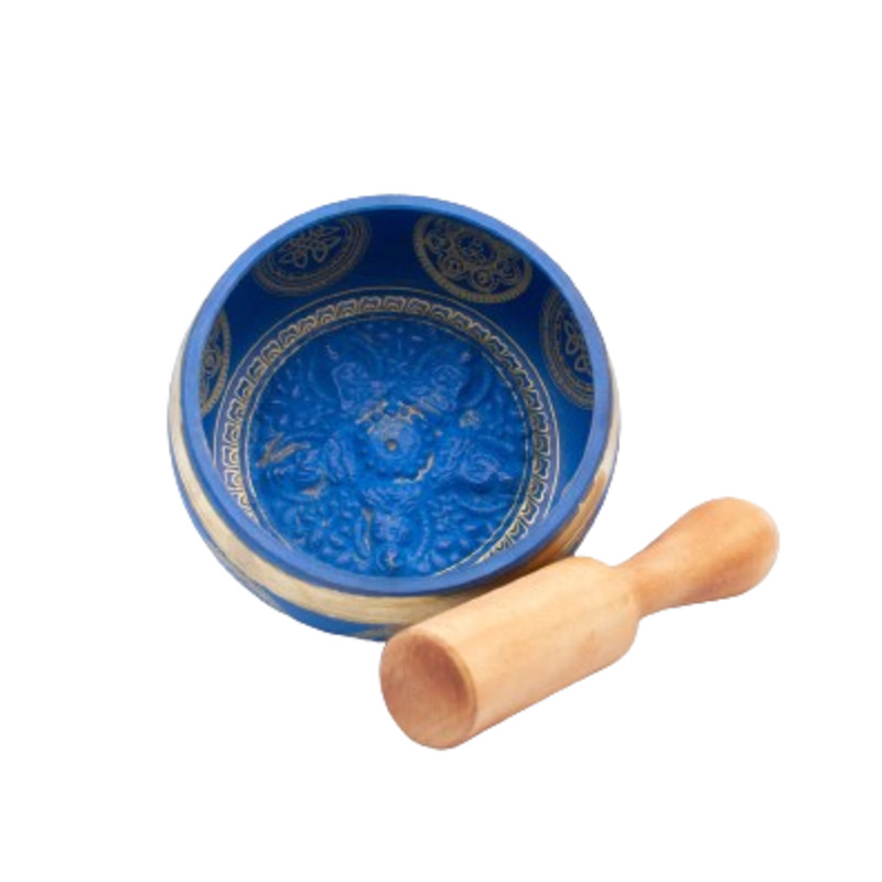 Authentic Himalayan Handcrafted Five Buddha Singing Bowl Single Set with Traditional Wooden Striker, Blue