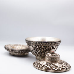 Antique Cup & Plate Set with Lid, Ruby Gemstone, Silver