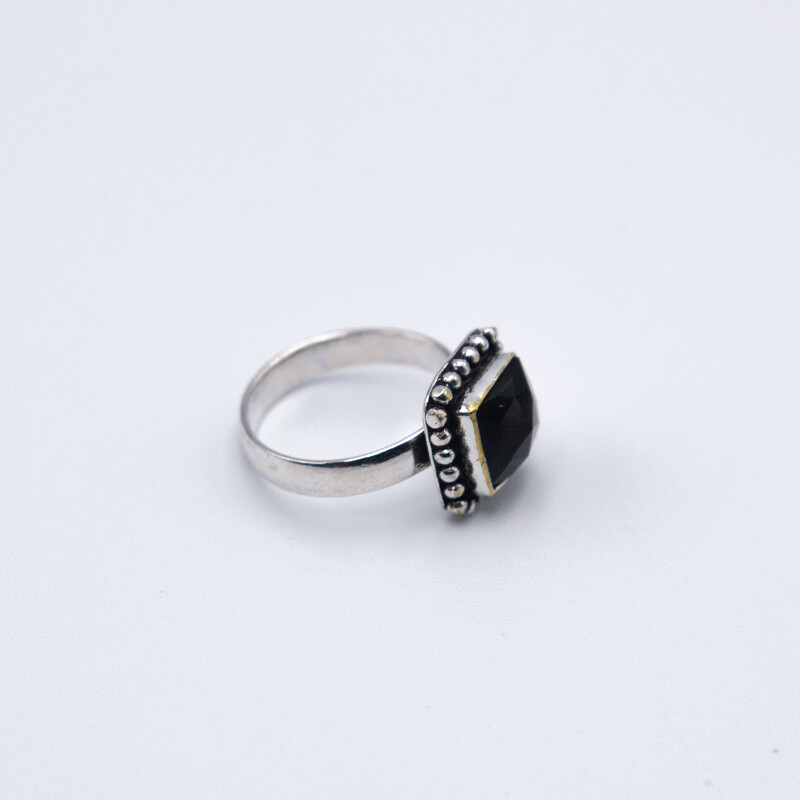 Natural Black Tourmaline Crystal Ring with Silver Linings Unisex, Black/Silver