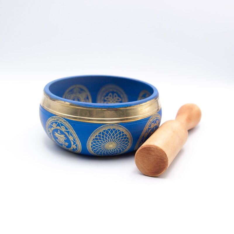 Authentic Himalayan Handcrafted Five Buddha Singing Bowl Single Set with Traditional Wooden Striker, Blue