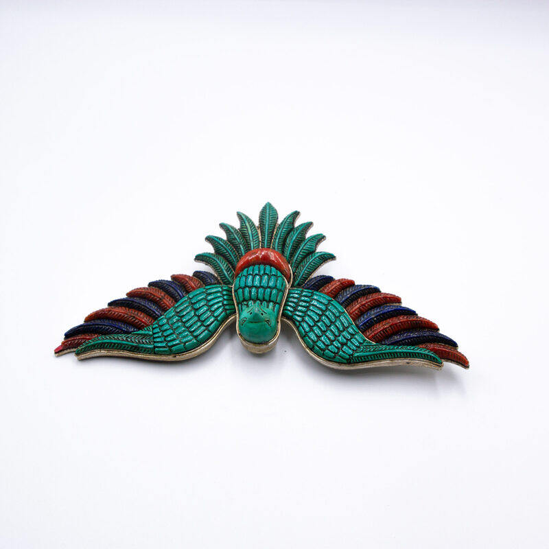 Exquisite Pure Silver with Natural Gemstones Turquoise, Lapis lazuli and Coral Vintage Flying Eagle Brooch, Multicolour