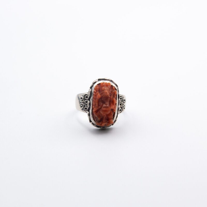 925 Sterling Silver Carved Ganesha of Natural Coral Crystal Ring Unisex, Silver/Orange