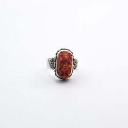 925 Sterling Silver Carved Ganesha of Natural Coral Crystal Ring Unisex, Silver/Orange