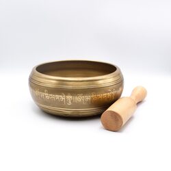 Authentic Himalayan Handcrafted Dharmachakra Singing Bowl Single Set with Traditional Wooden Striker, Gold