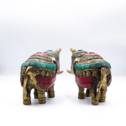 Engraved Antique Brass Elephant Figurines with Crystal Fittings, 2 Piece, Multicolour