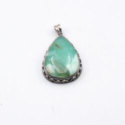 925 Sterling Silver Vintage Real Chrysoprase Quartz Crystal Pendant, 17.1gm, Blue/Silver