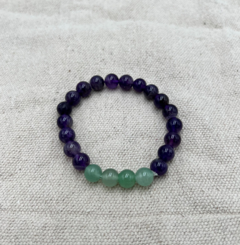 8mm Natural Amethyst and Green Aventurine Crystal Bracelet for Women, Black