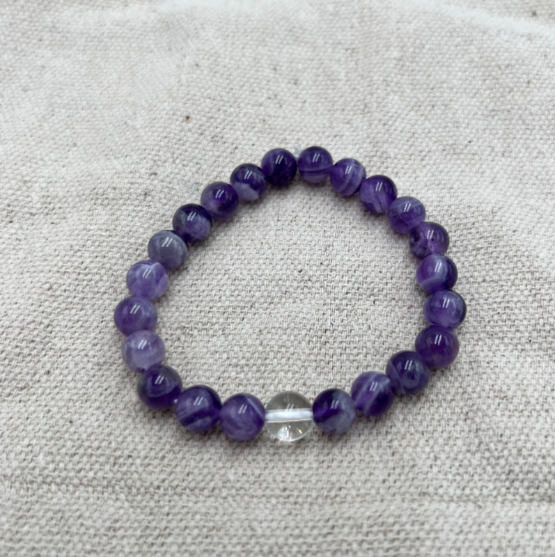 8mm Natural Amethyst and One Clear Quartz Crystal Bracelet for Women, Purple