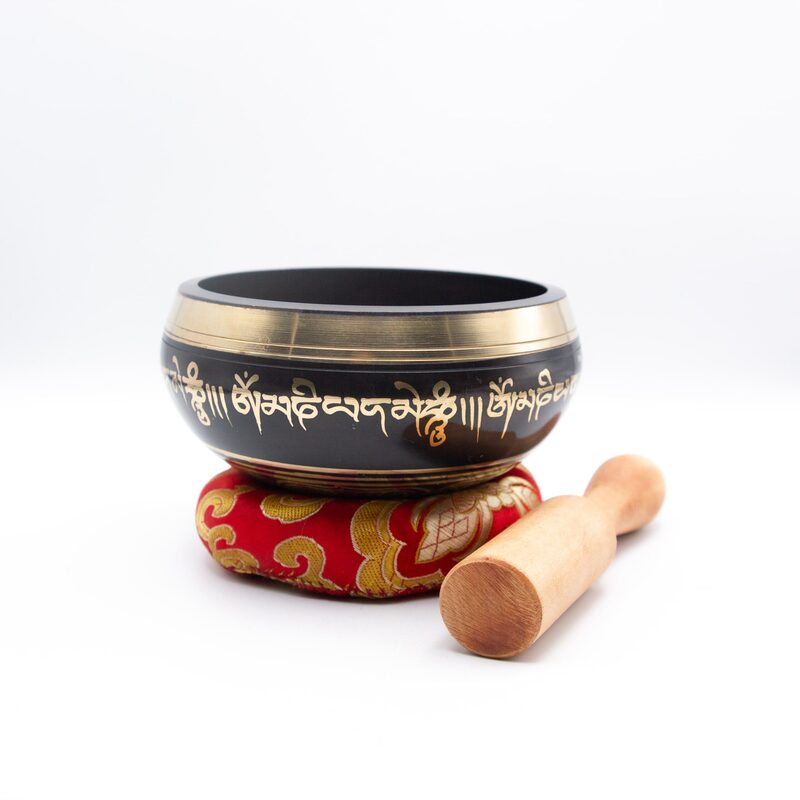 Authentic Himalayan Handcrafted Pattern Eye of Buddha Singing Bowl Single Set with Traditional Wooden Striker & Silk Cushion, Black/Gold