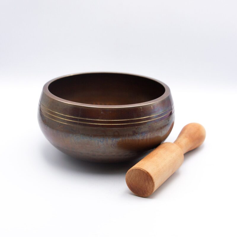 Authentic Himalayan Handcrafted Antique Singing Bowl Single Set with Traditional Wooden Striker, Brown