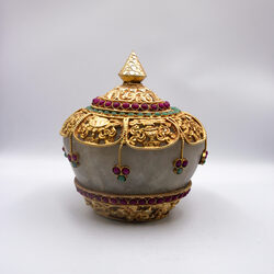 Antique Ornate Jewel Encrusted Decorator Container Crystal Filgree Bowl with Lid, Gold & Silver Plated Inlay, Crystal Quartz, Rubies, Emeralds, Large, Multicolour