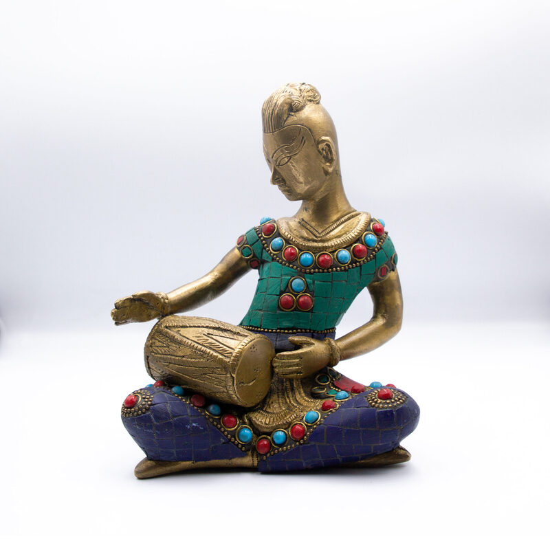 Exquisite Musician Lady Drum Idol Handcrafted Brass Statue with Gemstones, Multicolour