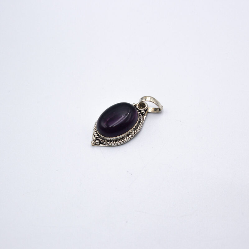 Natural Amethyst Crystal Locket with Pure Silver Decoration (Oval shaped) Unisex, 7.1gm, Silver/Black