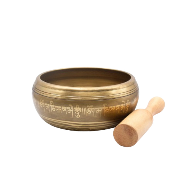 Authentic Himalayan Handcrafted Dharmachakra Singing Bowl Single Set with Traditional Wooden Striker, Gold