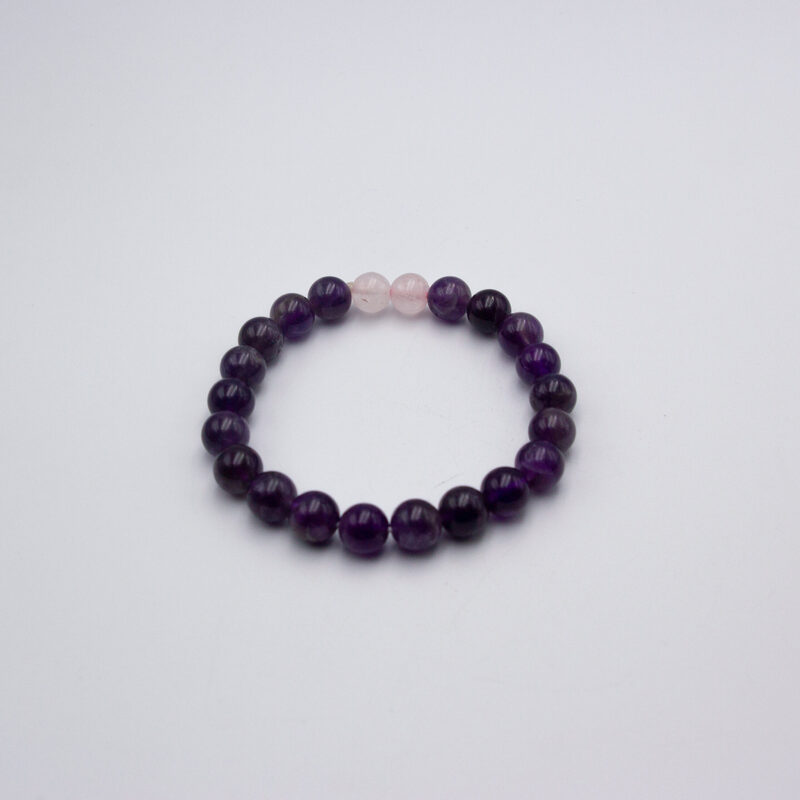 8mm Natural Amethyst and Two Rose Quartz Crystal Bracelet for Women, Purple