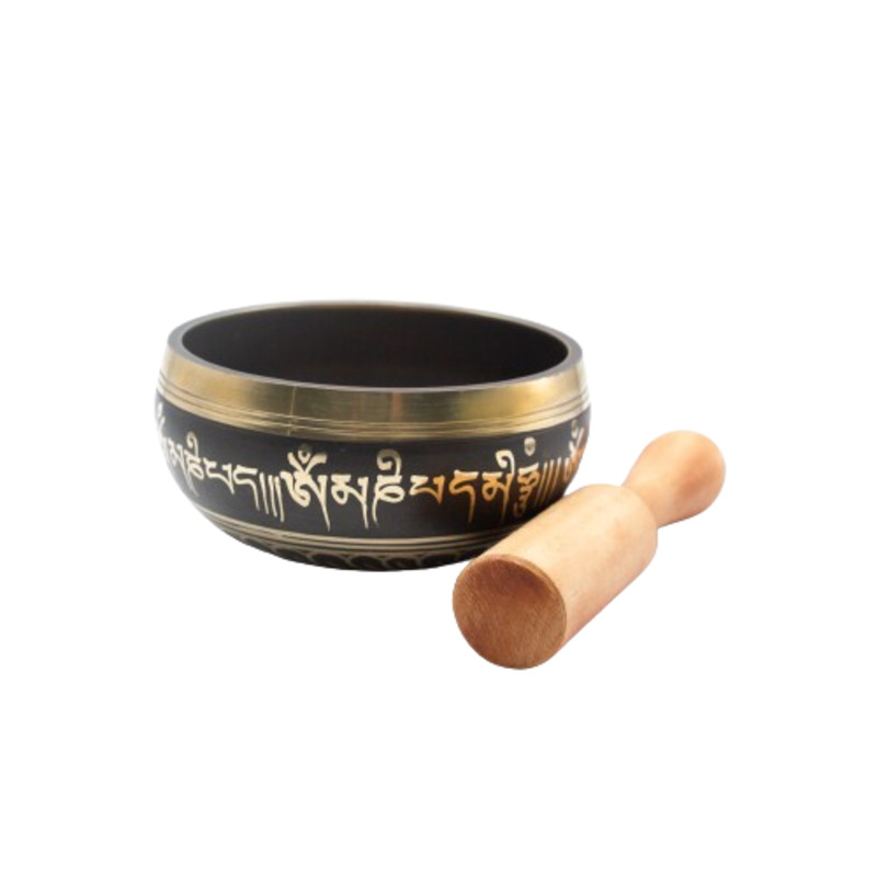 Authentic Himalayan Handcrafted Pattern Singing Bowl Single Set with Traditional Wooden Striker, Black/Gold