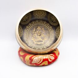 Authentic Himalayan Handcrafted Ganesh Singing Bowl Single Set with Traditional Wooden Striker & Silk Cushion, Gold