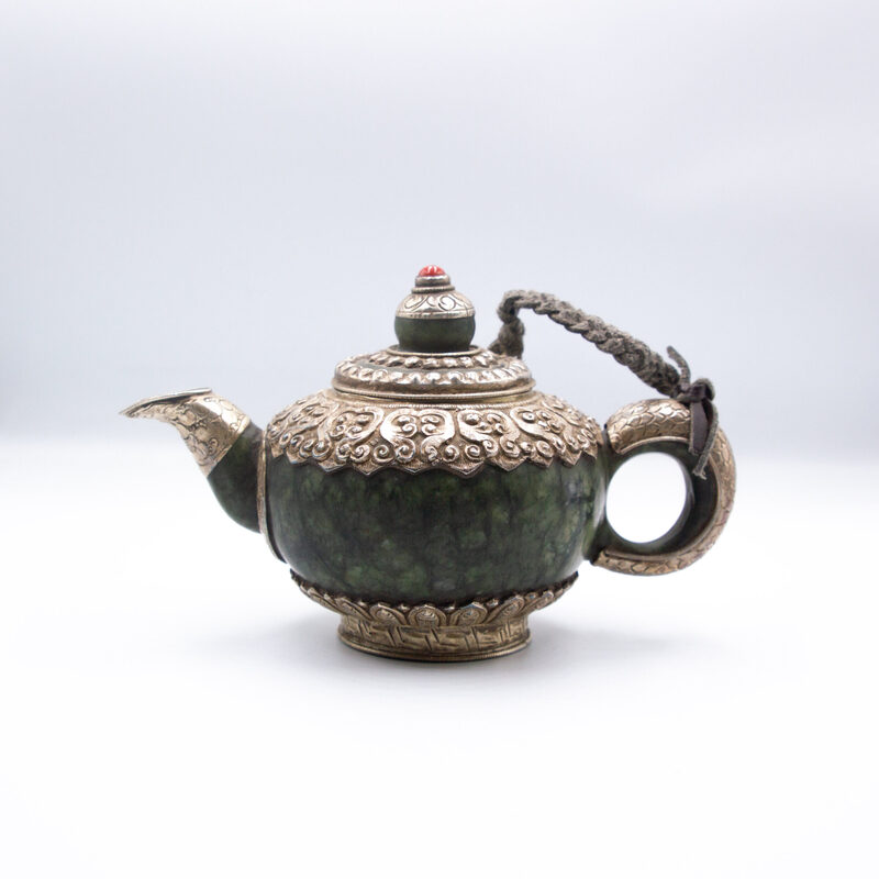 Masterpiece Handmade Silver Jade Stone Ancient Tea Pot Kettle, Multicolour