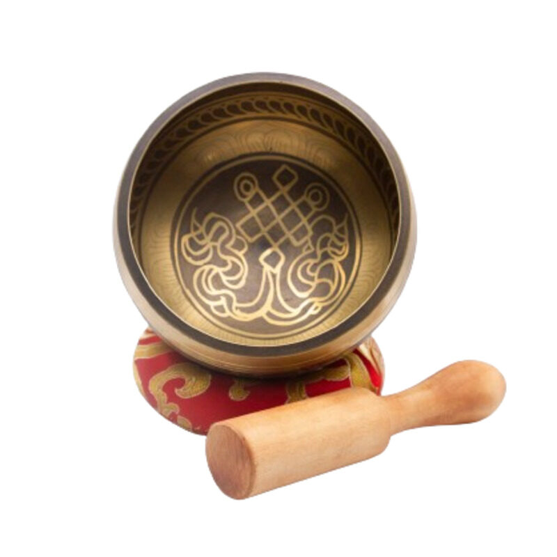 

Generic Authentic Himalayan Handcrafted Endless Knot Singing Bowl Single Set with Traditional Wooden Striker & Silk Cushion, Gold