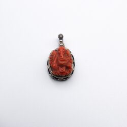 Style 1 925 Sterling Silver Carved Ganesha of Natural Coral Crystal Pendant Unisex, 4.2gm, Orange