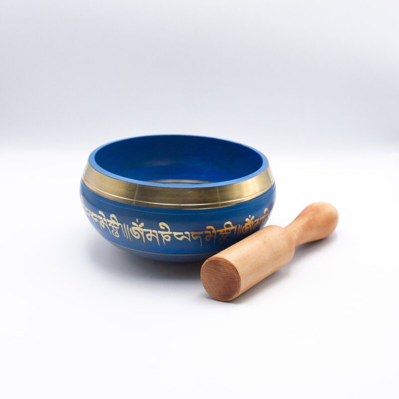 Authentic Himalayan Vibrant Handcrafted Singing Bowl Single Set with Traditional Wooden Striker, Small, Blue/Gold