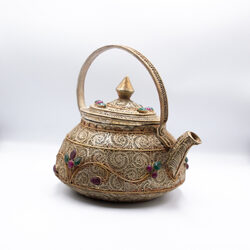 Handmade Antique Nepali Silver Inlaid Gemstone Filigree Teapot, Gold