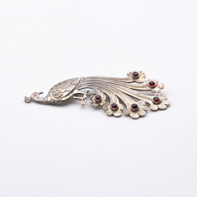 Exquisite 925 Sterling Silver Peacock Design with Red Carnelian Crystals Brooch, Silver