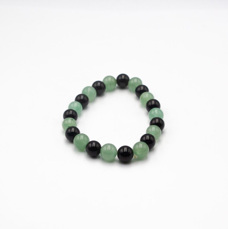 8mm Natural Black Tourmaline and Green Aventurine Crystal Bracelet for Prosperity and Luck for Women, Green/Black