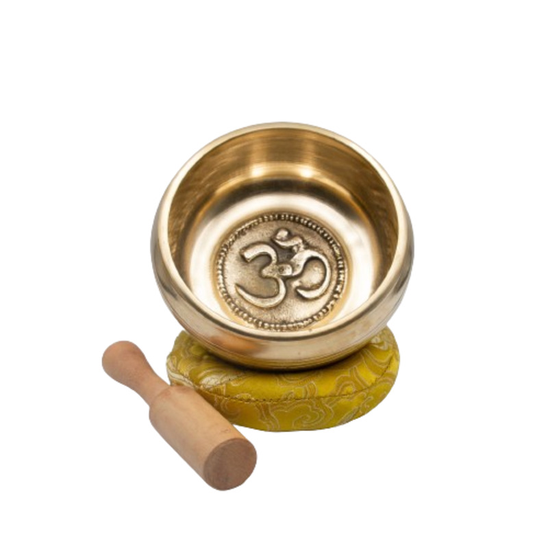 Authentic Himalayan Shinning OM Singing Bowl Single Set with Traditional Wooden Striker & Silk Cushion, Medium, Gold