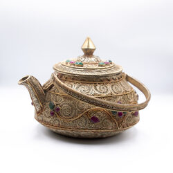 Handmade Antique Nepali Silver Inlaid Gemstone Filigree Teapot, Gold