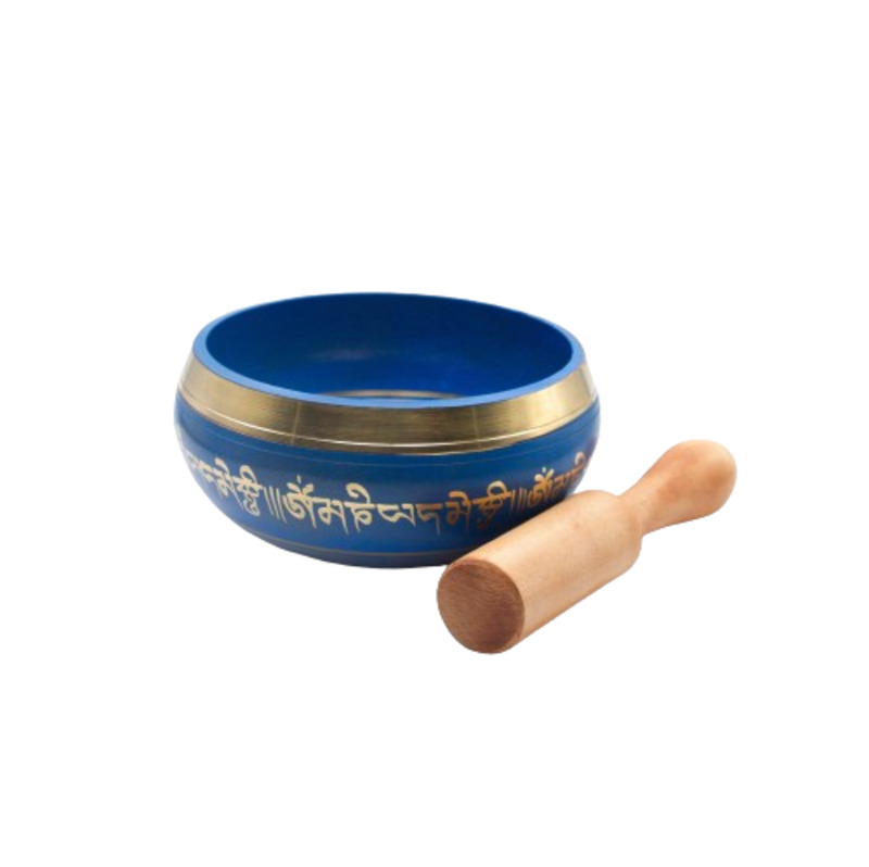 Authentic Himalayan Vibrant Handcrafted Singing Bowl Single Set with Traditional Wooden Striker, Small, Blue/Gold