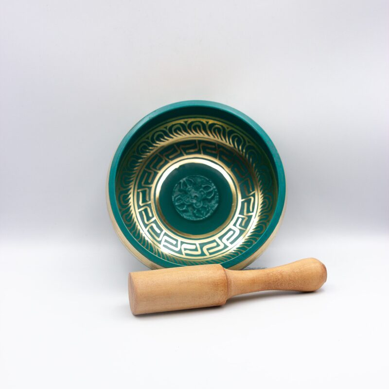 Authentic Himalayan Handcrafted Vibrant Singing Bowl Single Set with Traditional Wooden Striker, Green