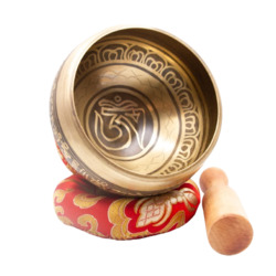 Authentic Himalayan Handcrafted Scripts Engraved Singing Bowl Single Set with Traditional Wooden Striker & Silk Cushion, Gold