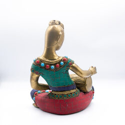 Exquisite Musician Lady Drum Idol Handcrafted Brass Statue with Gemstones, Multicolour