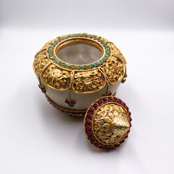 Antique Ornate Jewel-encrusted Decorator Crystal Filgree Bowl with Lid, Multicolour