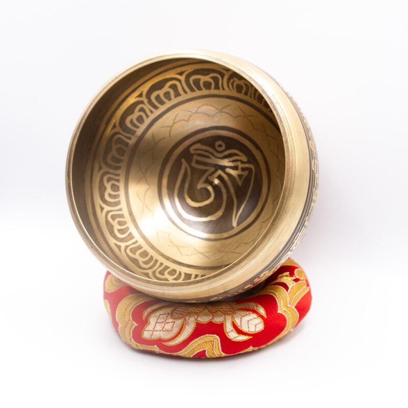 Authentic Himalayan Handcrafted Scripts Engraved Singing Bowl Single Set with Traditional Wooden Striker & Silk Cushion, Gold