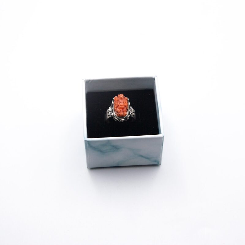 925 Sterling Silver Carved Ganesha of Natural Coral Crystal Ring Unisex, Silver/Orange