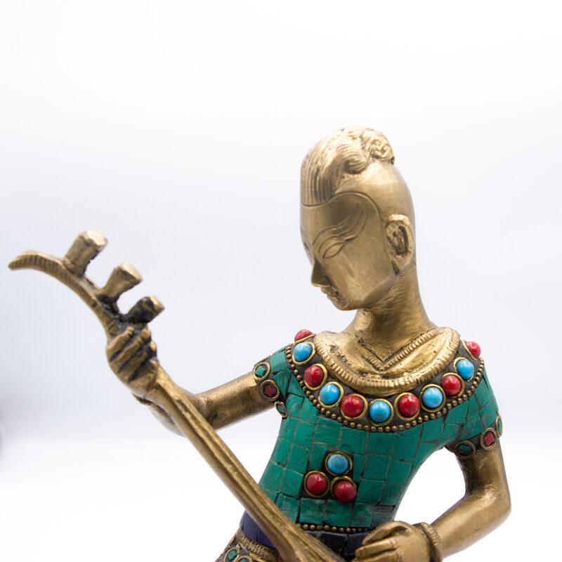 Exquisite Musician Lady Vina Idol Handcrafted Brass Statue with Gemstones, Multicolour