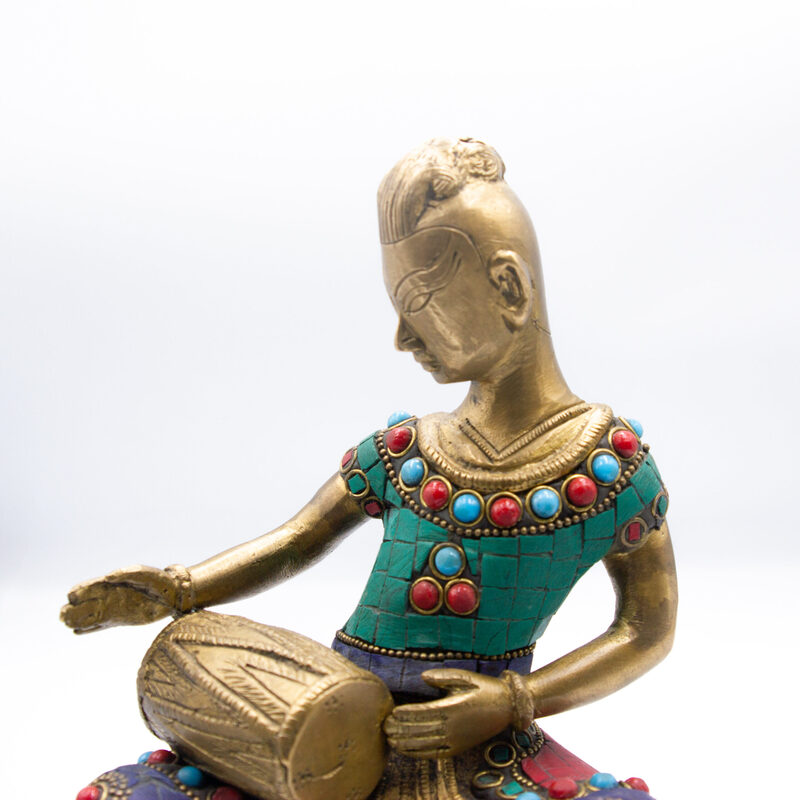 Exquisite Musician Lady Drum Idol Handcrafted Brass Statue with Gemstones, Multicolour