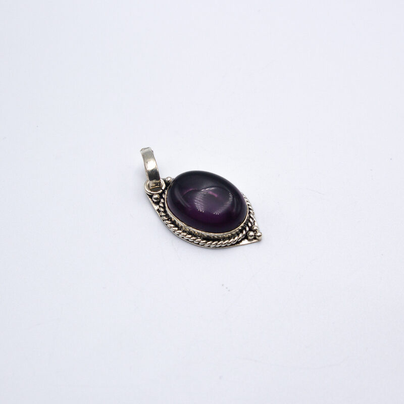 Natural Amethyst Crystal Locket with Pure Silver Decoration (Oval shaped) Unisex, 7.1gm, Silver/Black