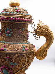 Antique Handcrafted Filigree Golden Plated Teapot with Crystal Quartz, Gold