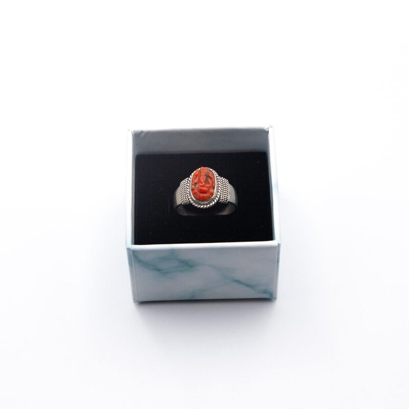 925 Sterling Silver Carved Ganesha of Natural Coral Crystal Ring Unisex, Silver/Orange